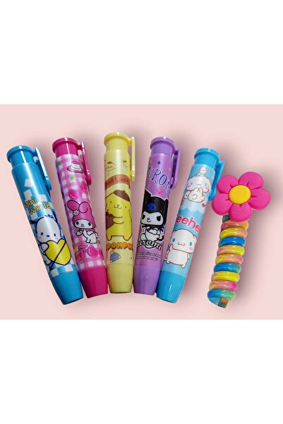 sevgi kırtasiye Kuromi Ve Arkadaşları 5 Li Basmalı Otomatik Silgi Seti Makarn...