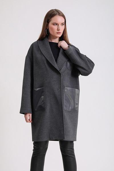 Leather Club Anthracite LC Leather Garnished Cashmere Coat