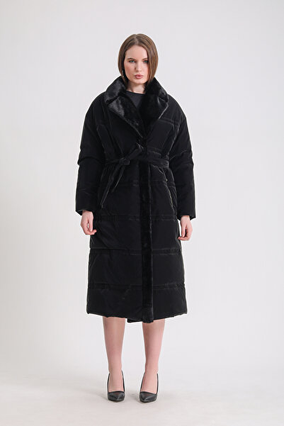 Leather Club Siyah Yün Aksesuarlı Kemerlı Desteny Puffer Kaban