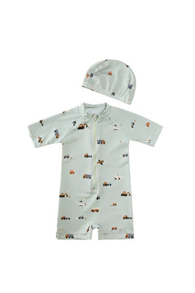 Petityu Güneş korumalı araba desenli mat yeşil erkek çocuk mayo şapka set