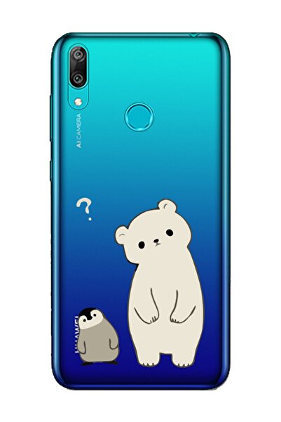 frondcase Huawei Y7 2019 Penguen Ve Ayıcık Şeffaf Telefon Kılıfı