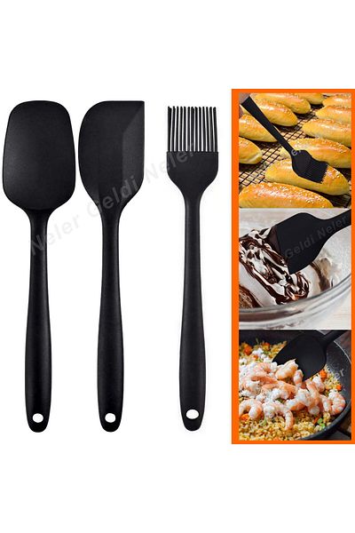 BarkoFix Heat Resistant Fireproof Non-Stick Silicone Spatula Set 3 Pieces Black Egg Brush Dough Brush
