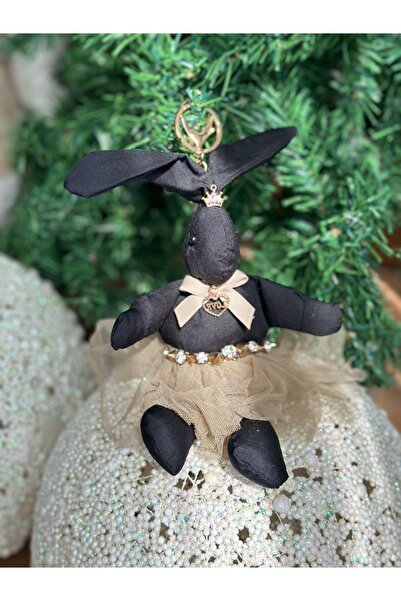QUEEN AKSESUAR Luxury Özle Design - Black Gold Rabbit Keychain with Stone Det...