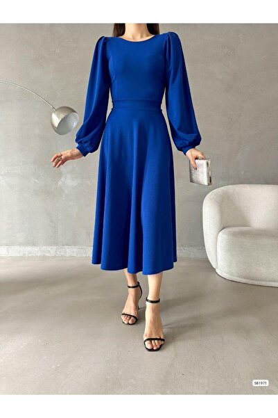 Esinty Дамска рокля от внесен креп плат с детайли от пола с балонен ръкав (цветна)