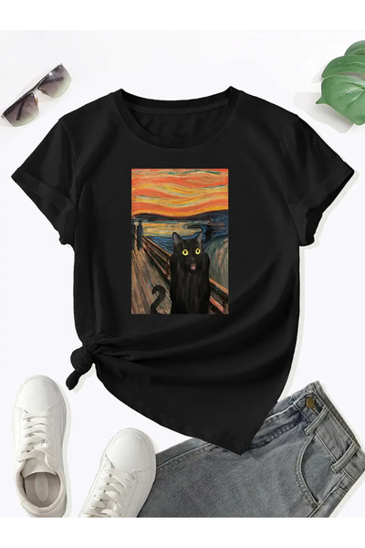 GALASHOP Van Gogh Kedi Yağlı Boya Baskı T-Shirt