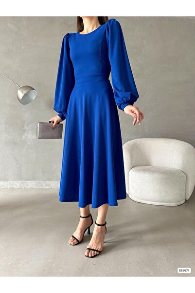 Esinty Дамска рокля от внесен креп плат с детайли от пола с балонен ръкав (цветна)