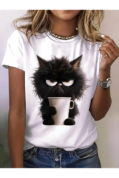 GALASHOP Kedi Desenli T-shirt, Kısa Kollu Kadın Giyim