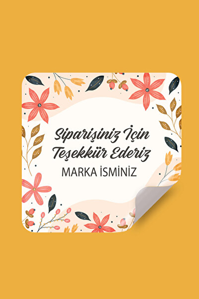 Runrux Kişiye Özel Çiçekli Kare Sipariş Etiketi - Thank You Sticker - 72 Adet...