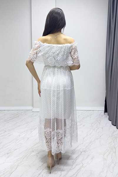 zks grup tekstil Γυναικείο Guipure Λεπτομέρεια Carmen γιακά Madonna Plus Size Φόρεμα Μαύρο, Λευκό