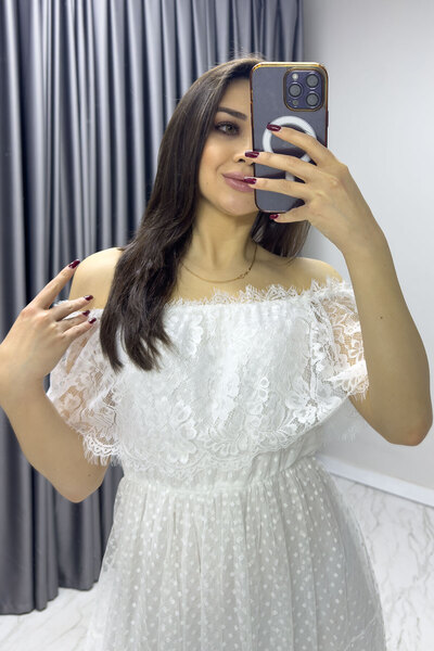 zks grup tekstil Γυναικείο Guipure Λεπτομέρεια Carmen γιακά Madonna Plus Size Φόρεμα Μαύρο, Λευκό