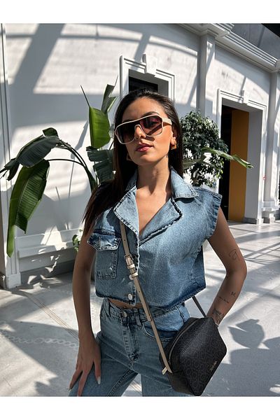 MEECY Női Mom Pantalon Crop Vest Jeans dupla szett