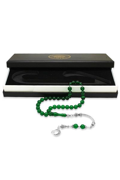 Tesbihane Tarnish Metal Crescent Star Tasseled Globe Cut Emerald Green Fire Amber Prayer Beads