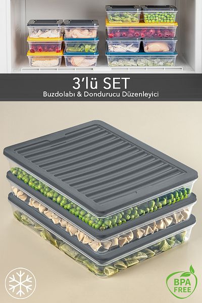 Meleni Home 3-Piece Refrigerator Organizer Storage Container Suitable for Microwave and Freezer Anthracite 3 X 2400ml