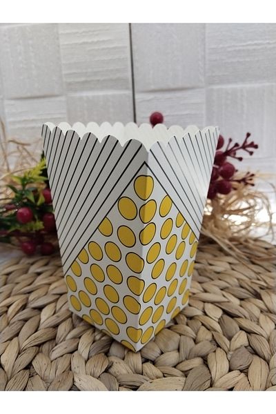 Deniz Party Store Yellow Polka Dot Striped Cardboard Popcorn Corn Chips Box 8 Pieces