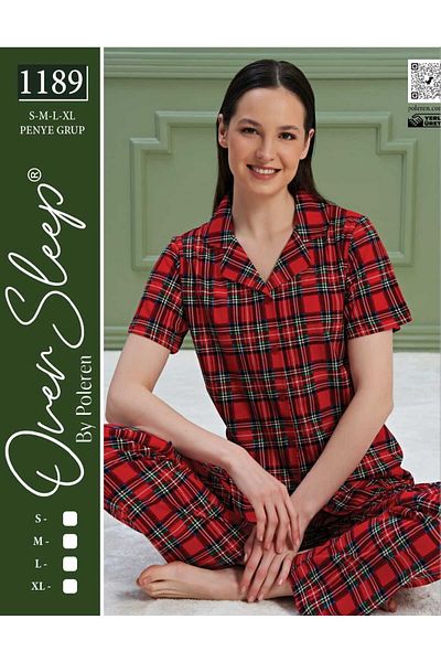 Over Sleep by Poleren Red Plaid Shirt Collar Short Sleeve Women's Pajamas Set