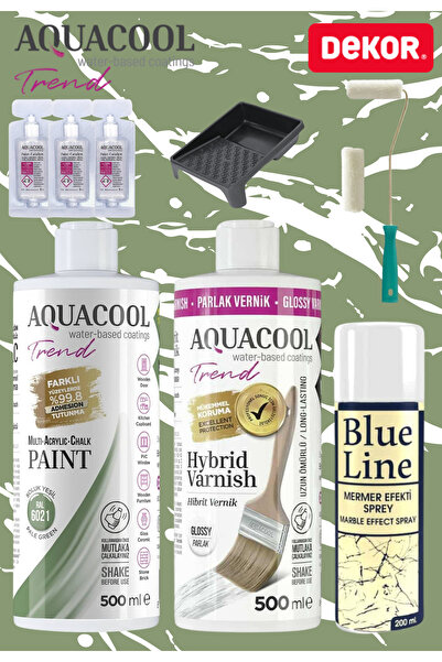 Aquacool Trend 500 Ml Mermer Efekt Tezgah Boyama Seti Akrilik Boya Katalizör Kadife Rulo Boyacı Tavası