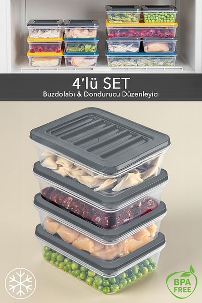 Meleni Home 4-Piece Anthracite Refrigerator Organizer - Suitable for Microwave and Diffraction, 600 ml Storage Container