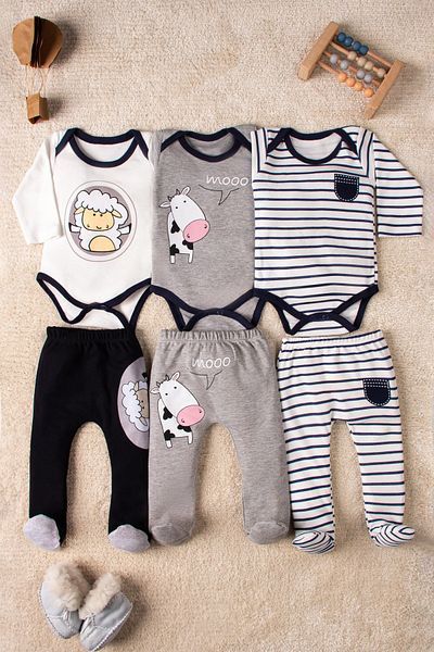 Mai Perla Cow and Lamb Patterned 6-Piece 3-Piece Unisex Baby Set