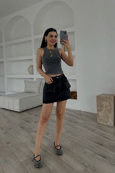 Seda Yalçın Atelier Black Cargo Pocket Detailed Short Denim Skirt