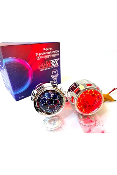 FEMEX Bi-xenon Kırmızı Renk Bal Petek Desenli Far Içi Mercek 2,5 Inc Far Merceği Led Xenon Uyumlu