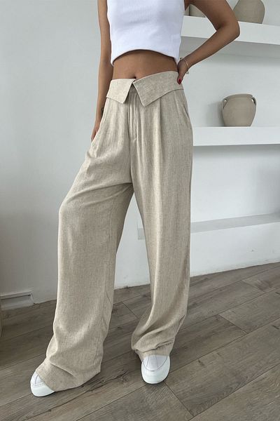 Seda Yalçın Atelier Beige Waist Detailed Wide Leg Natural Linen Trousers
