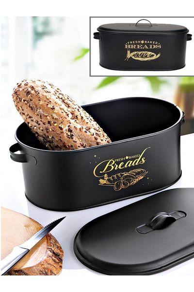 Bayev Black Metal Bread Bowl Decorative Large Size Patterned Bread Storage Box with Lid