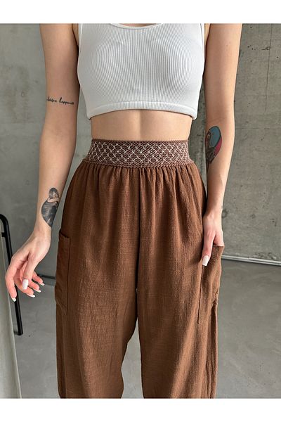 Laluvia Braune Baggy-Hose aus 100 % Baumwolle mit Gummidetails und Taschen