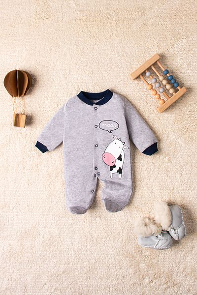 Mai Perla Baby Boy White Lamb Cow Patterned Set of 3 Snap Jumpsuit