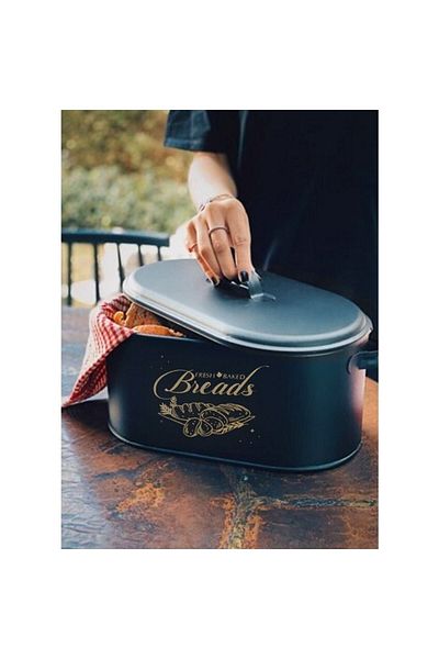 Bayev Black Metal Bread Bowl Decorative Large Size Patterned Bread Storage Box with Lid