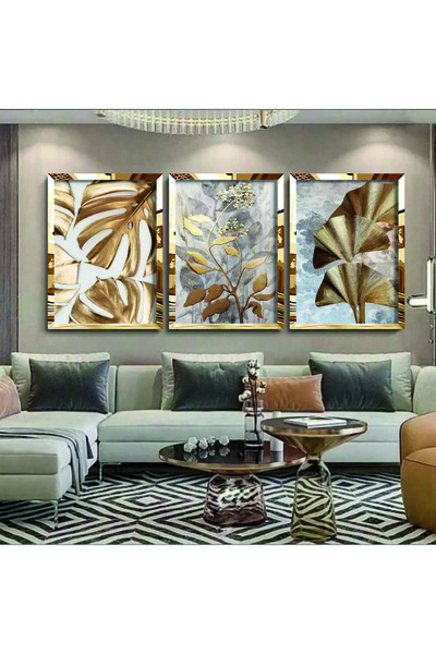 KOLAJTASARIM Tablou modern cu plante aurii din plexiglas auriu, cu 3 rame