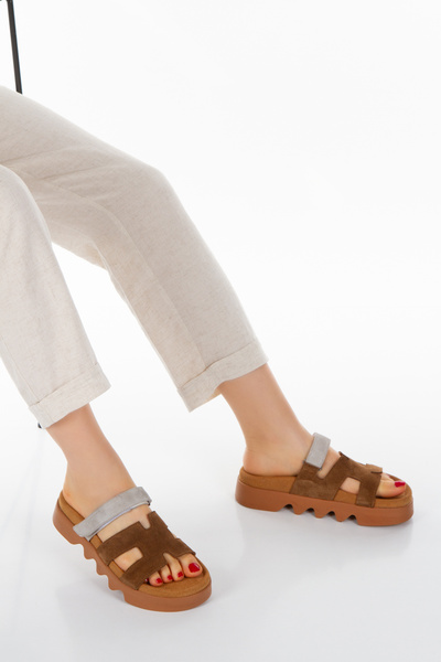 PASSAGE SHOES Women's Genuine Leather Suede Banded Slippers 6251