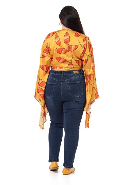 DISENTIS MODEST Large Size Satin Mustard Bolero with Tie Waist and Sleeve Detail