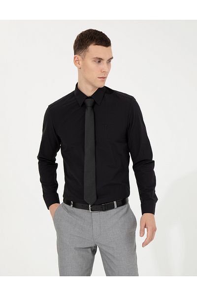 Pierre Cardin ЧЕРНА РИЗА ОТ ТЪКАН САТЕН ПЛАТ СЛИМ КРОЯ PIERRE CARDIN