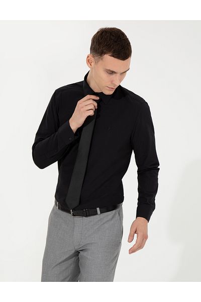 Pierre Cardin ЧЕРНА РИЗА ОТ ТЪКАН САТЕН ПЛАТ СЛИМ КРОЯ PIERRE CARDIN