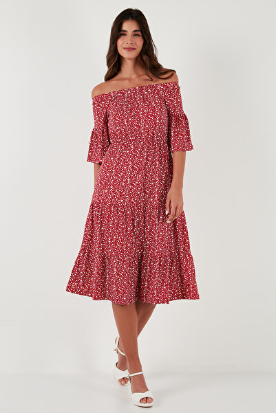 Lela Desenli Carmen Yaka Truvakar Kol Midi Elbise Elbise 5863718