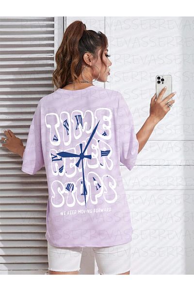Revasser Unisex Γυναικείες/Ανδρικές Time Never Stops Πολύχρωμο, προσαρμοσμένο εμπριμέ, βαμβακερό χτενισμένο μπλουζάκι