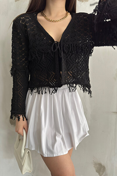 LE CARAMBOLE Women's Black Tassel Detailed Seasonal Knitwear Cardigan 2444