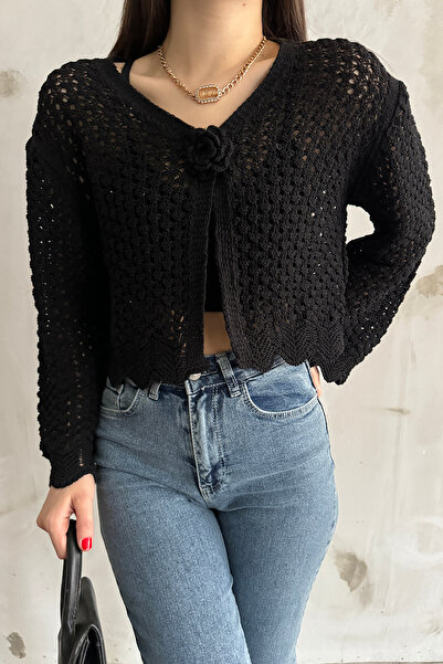 LE CARAMBOLE Women's Black Front Rose Detailed Snap Closure Knitwear Summer Short Cardigan 2447