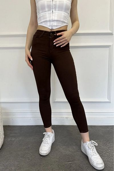 TugsatTasarTekstil Brown Skinny Leg Skinny High Elasticity and Recovery Women's Trousers