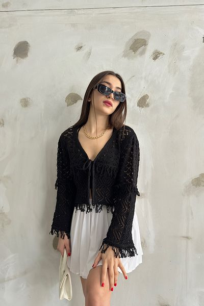 LE CARAMBOLE Дамски черен плетен кардиган с пискюли, детайлен, сезонен, 2444