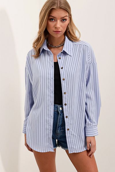 Bigdart Women's Baby Blue Black Striped Oversize Long Basic Shirt 3900