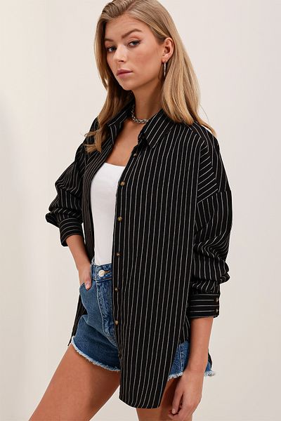 Bigdart Women's Black and White Striped Oversize Long Basic Shirt 3900