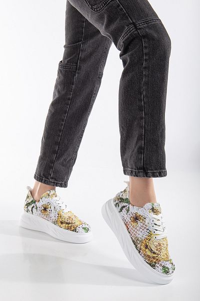 Tonny Black Women's Yellow Comfortable Patterned Thick Sole Lace-Up Sneakers