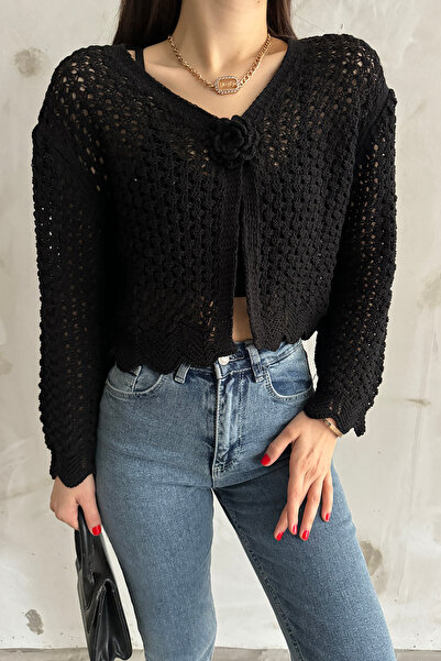 LE CARAMBOLE Women's Black Front Rose Detailed Snap Closure Knitwear Summer Short Cardigan 2447