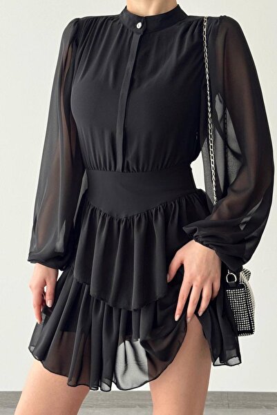 lovebox Dámské šifonové látkové rukávy Průsvitná sukně Vrstvený Stojánek Límec Černé večerní mini šaty s rozšířeným vzorem 086