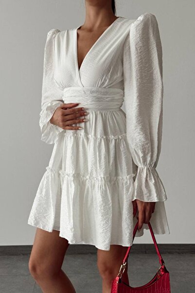 lovebox Γυναικεία βαμβακερή υφασμάτινη φούστα με διπλό γιακά με πλισέ μακρυμάνικο λευκό μίνι βραδινό φόρεμα 087