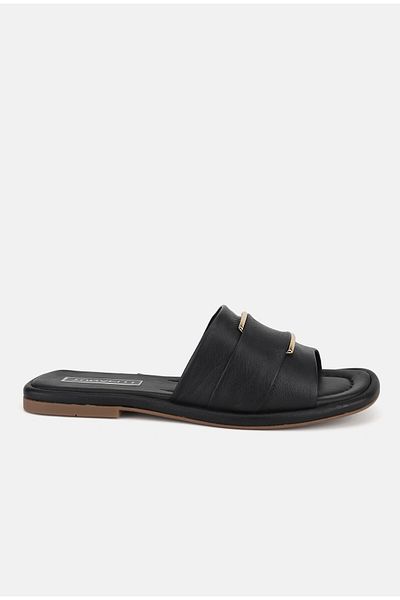 TUNAELLİ WOMEN'S BLACK GENUINE NATURAL LEATHER BUCKLE FLAT SLIPPERS