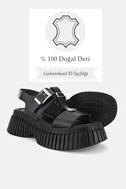 TUNAELLİ Women's BLACK GENUINE NATURAL LEATHER FLAT SANDALS SHOES