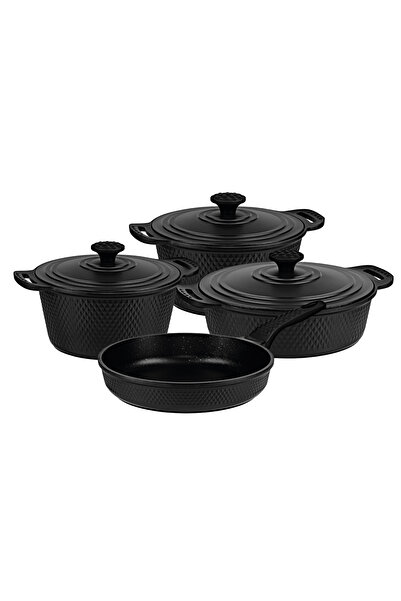 OMS تريانا - 3536 - طقم 7 قطع من الجرانيت الحيوي والصب والوعاء والمقالي والمهر - لون أسود