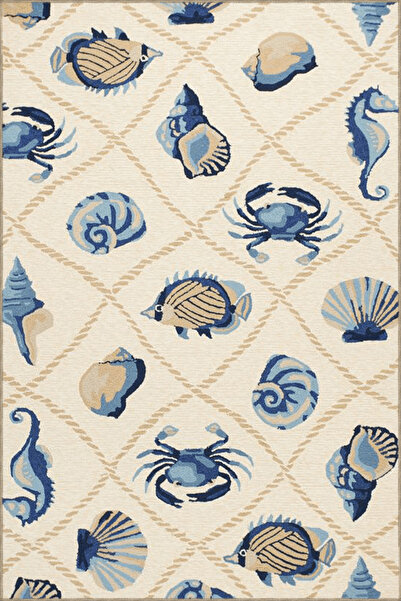 Rugs Modern Halı Bej Mavi Temalı Deniz Atı Balık ve Yengeç Desenli Kreatif Mo...